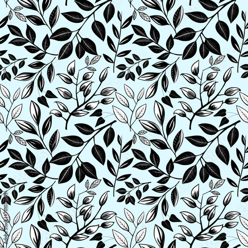Herbarium monochrome floral pattern. Seamless background with leaves and branch. Botanical wallpaper