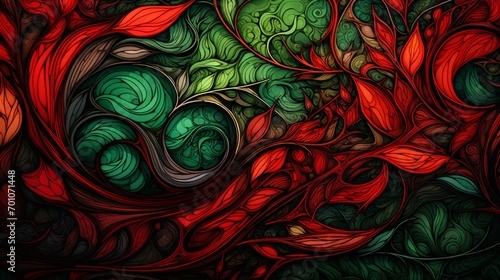 a vibrant mix of red and green colors, forming intricate patterns and textures that evoke a sense of depth and movement, creating an engaging visual experience.