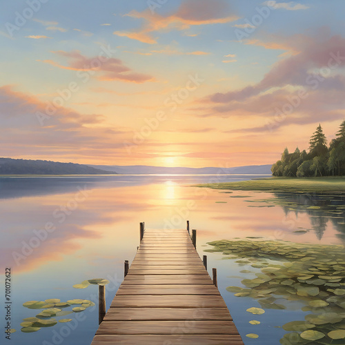painting of a dock at dusk featuring boats on the water generative ai © Aziz
