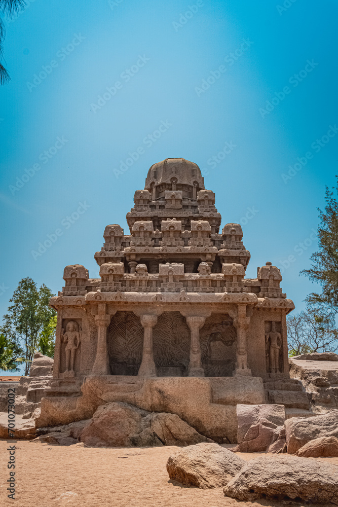 Exclusive Monolithic - Five Rathas or Panch Rathas are UNESCO World Heritage Site located at Great South Indian architecture. World Heritage in South India, Tamil Nadu, Mamallapuram or Mahabalipuram.