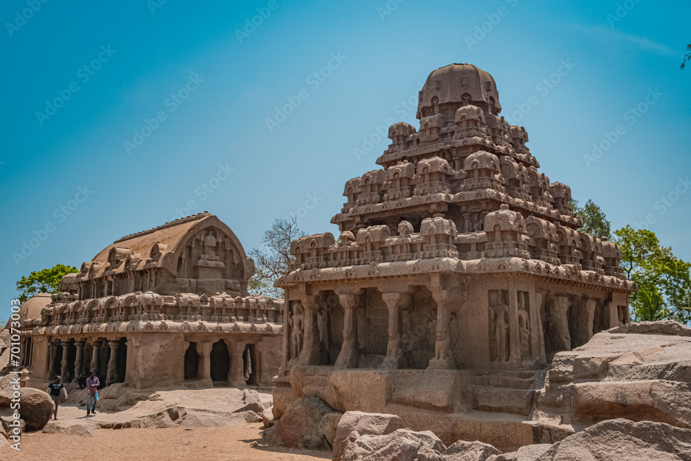 Exclusive Monolithic - Five Rathas or Panch Rathas are UNESCO World Heritage Site located at Great South Indian architecture. World Heritage in South India, Tamil Nadu, Mamallapuram or Mahabalipuram.