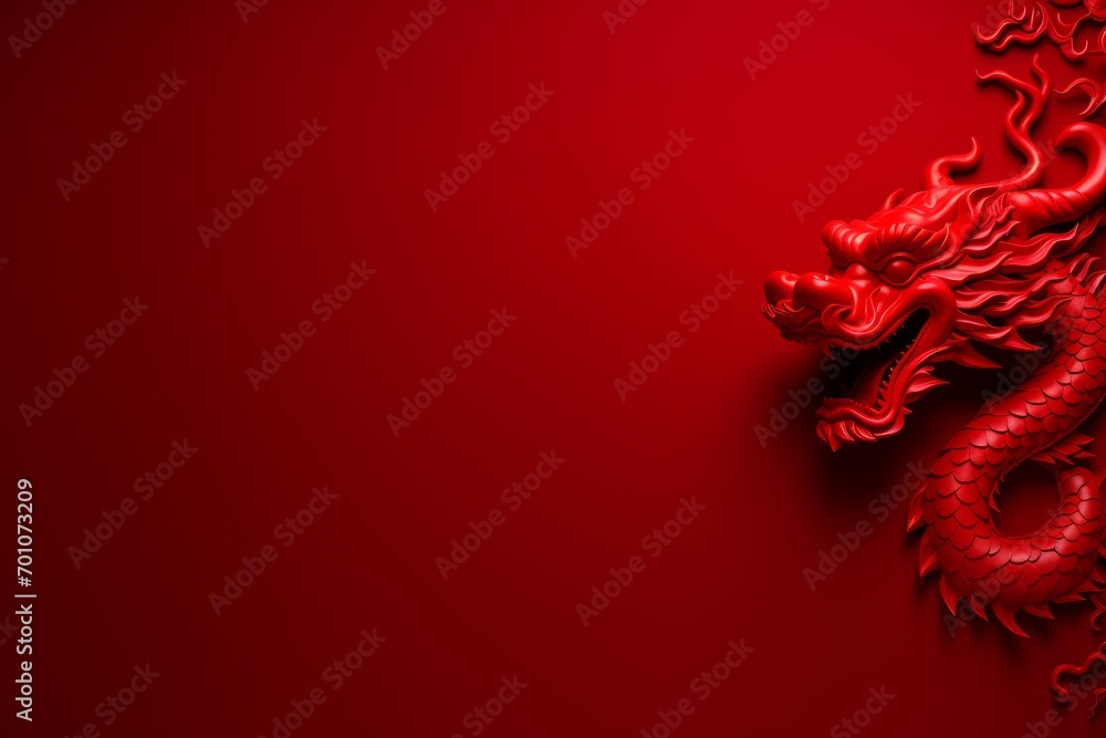 Chinese red dragon on red backdrop as a symbol of Chinese New Year - obrazy, fototapety, plakaty 