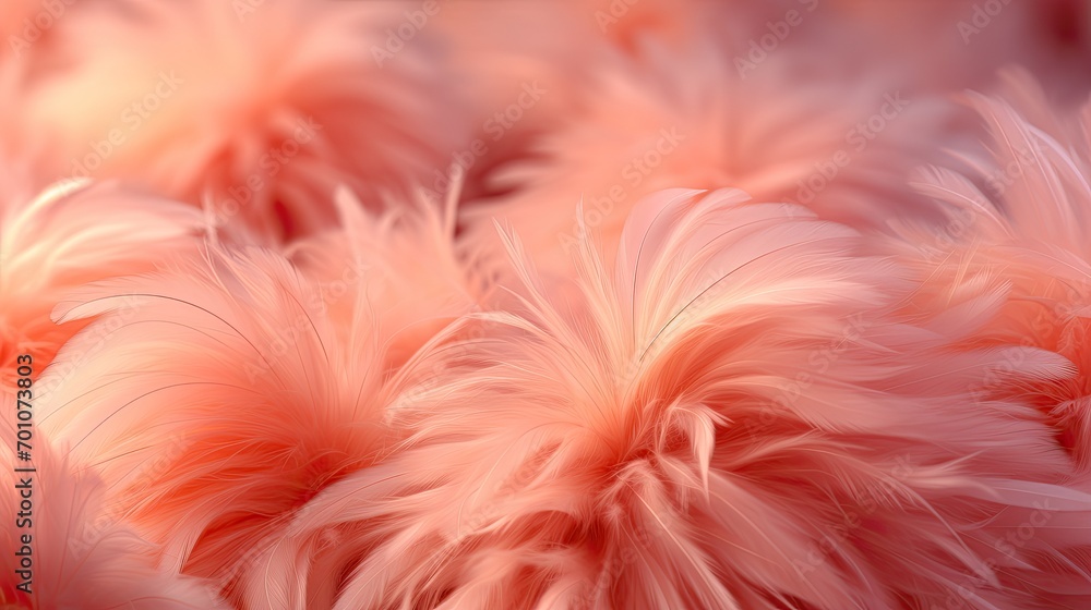 close up of soft fluffy feathers in shades of coral and pink, offering a texture that is both delicate and plush in peach color, 2024 year trend close up of soft fluffy feathers in shades of coral and pink, offering a texture that is both delicate and plush in peach color, 2024 year trend