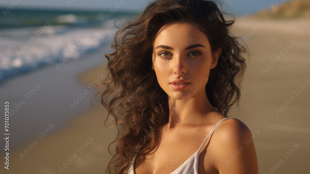 portrait of a beautiful young brunette girl with her hair blowing beautifully in the breeze in a pale blue summer dress on the sandy beach