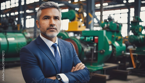 Thoughtful businessman looking away while standing against machinery in industry