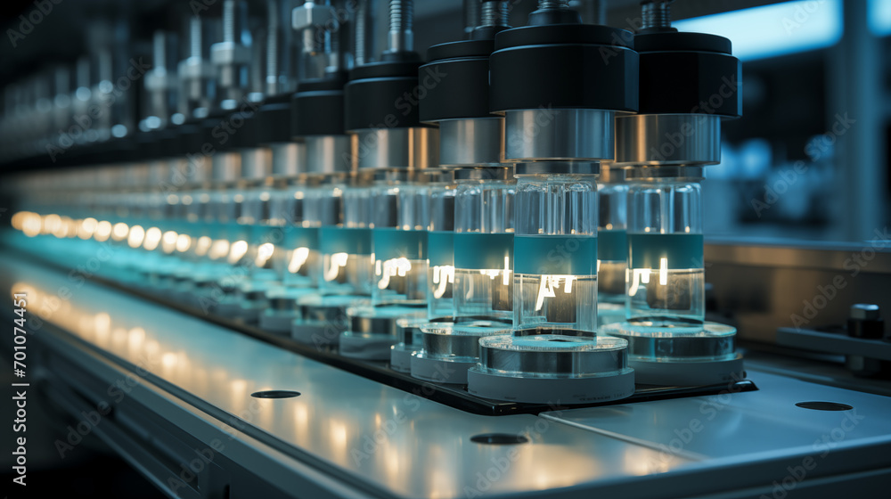 The pipeline for the production of medicines, Close-up of bottles with liquid medicine on the conveyor The pipeline for the production of medicines, Close-up of bottles with liquid medicine on the conveyor