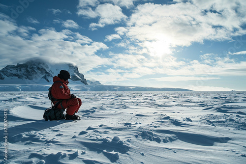 A scientist collecting ice core samples on a vast, snowy field, with equipment for climate change research, showcasing the ongoing scientific efforts to understand environmental changes in Antarctica.