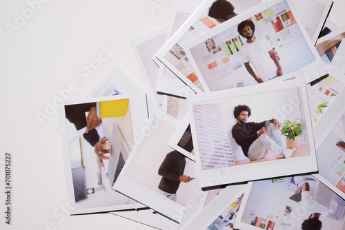 Creative Workflow in Polaroids. Professional's workday moments are artfully depicted in a series of Polaroid photos, highlighting the fluidity and flexibility of modern work environments. photo