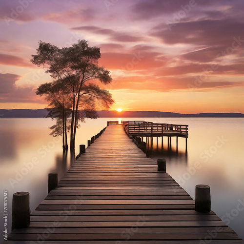 A pier with a few trees and a sunset generative ai © Aziz