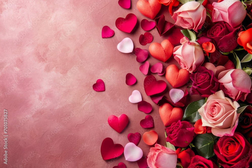Pink roses mixed with small petals looking like hearts for Valentine's day card or wallpaper Pink roses mixed with small petals looking like hearts for Valentine's day card or wallpaper