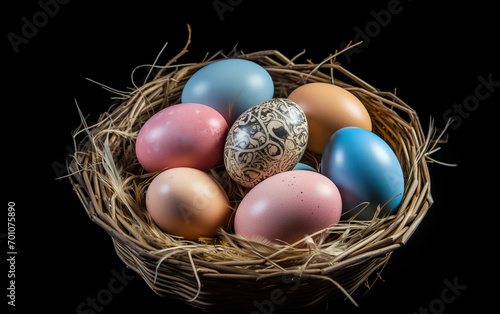 Rustic Easter: Blue Eggs and White Flowers in a Twig Nest