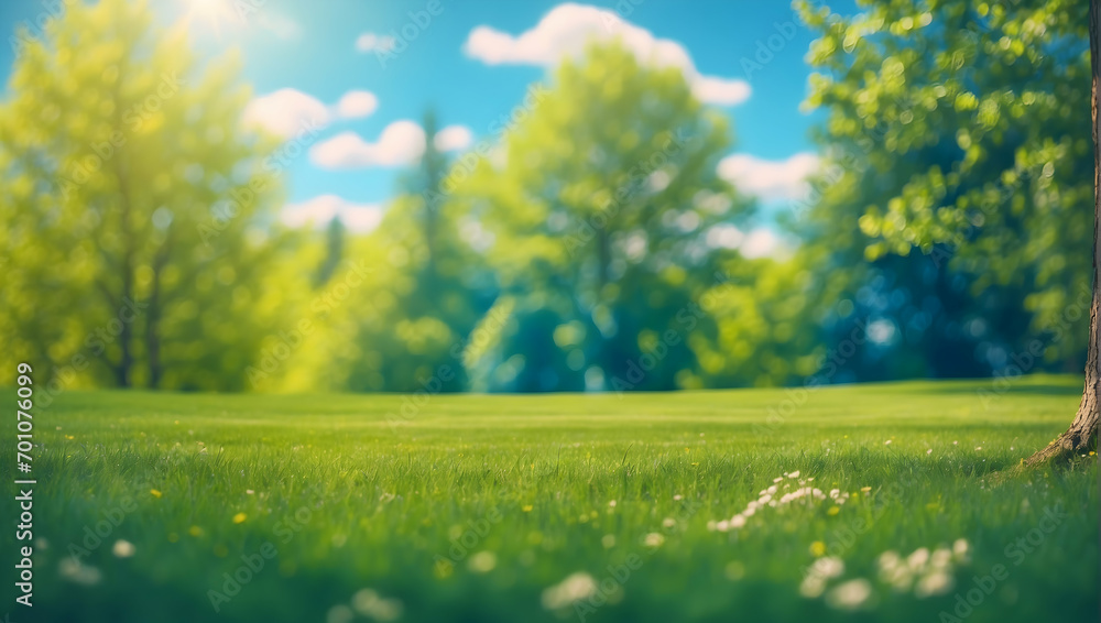 Beautiful blurred background, Spring nature image, Neatly trimmed lawn photos, Trees against blue sky visuals, Bright sunny day landscape, Spring nature with clouds stock, Blurred lawn surrounded by t