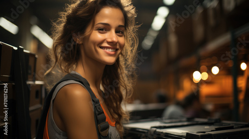 Smiling beautiful woman works in a factory © phazzart