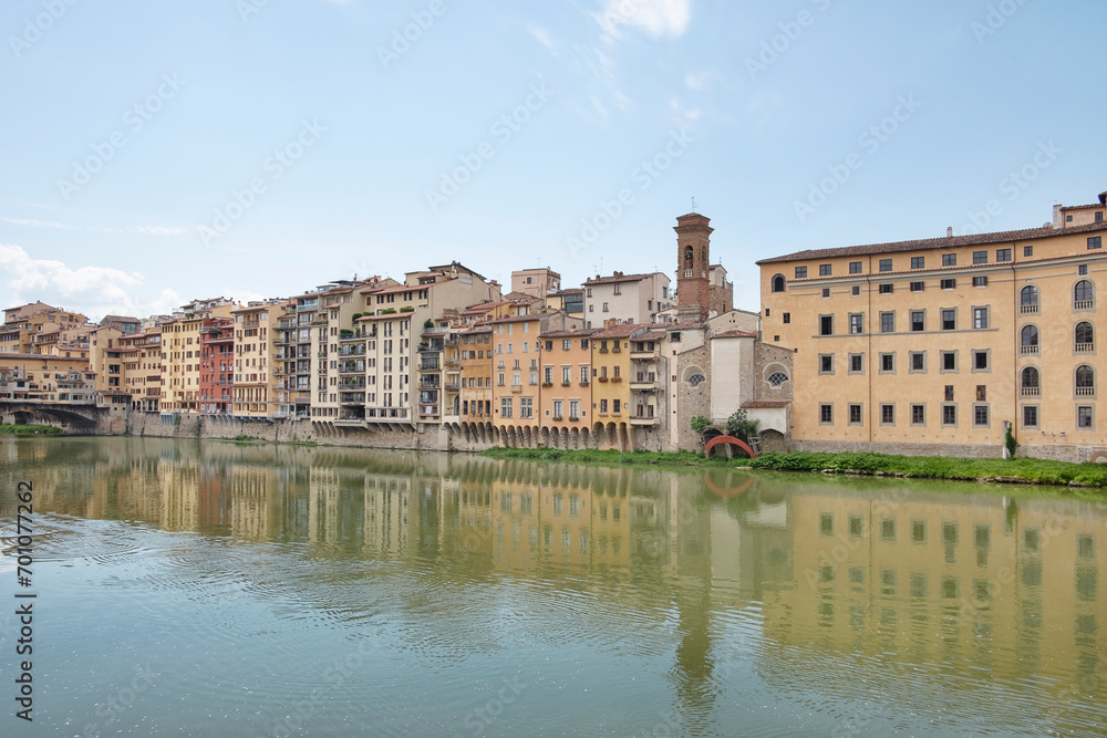 Views along the left bank of the Arno River towards the Renaissance-era buildings part of the neighborhood Borgo San Jacopo, a charming area, part of Oltrarno district, Florence, Italy