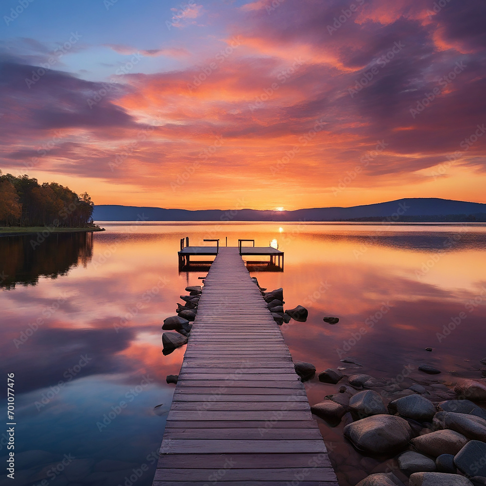 The lake at sunset. Vibrant Sky generative ai