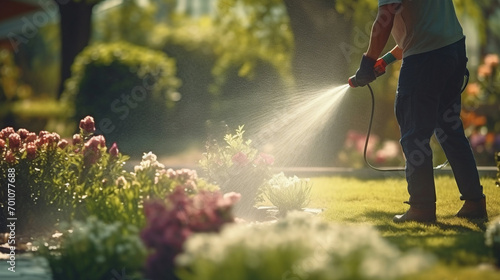 Fototapeta Naklejka Na Ścianę i Meble -  The gardener waters the flowers with a hose
