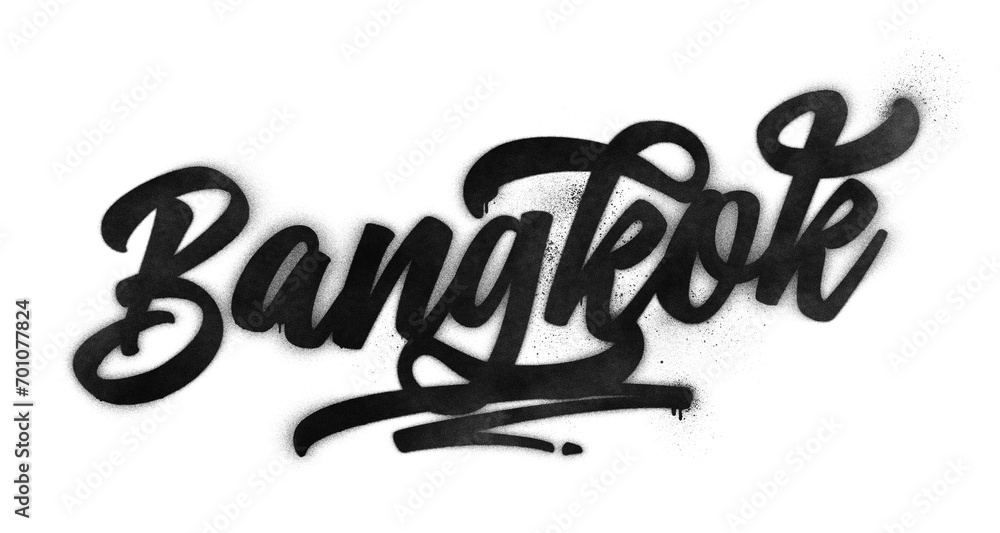 Obraz premium Bangkok city name written in graffiti-style brush script lettering with spray paint effect isolated on transparent background