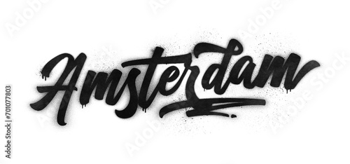 Photography Amsterdam city name written in graffiti-style brush script lettering with spray