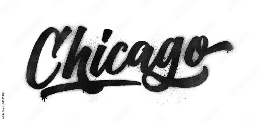 Naklejka premium Chicago city name written in graffiti-style brush script lettering with spray paint effect isolated on transparent background