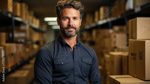 Startup small business, Businessman running an e-commerce small business. Male entrepreneur preparing orders for shipping at the home office, packaging box, ai generative