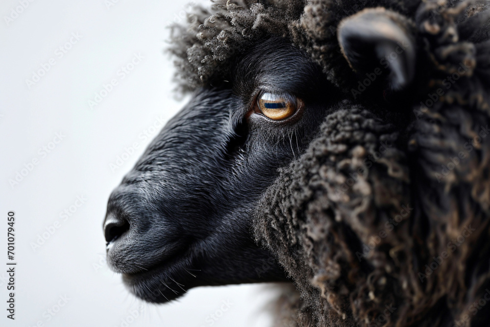 Black Sheep close-up portrait on a white background.
