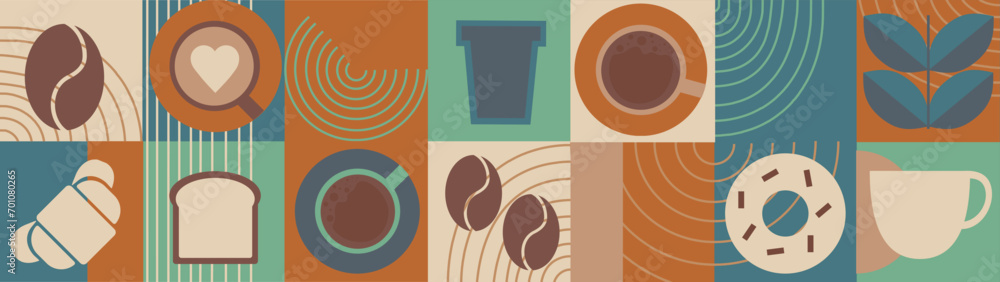 Pattern with coffee theme in geometric minimalistic style. Print with abstract shapes. Illustration for cover design, food package, menu, background