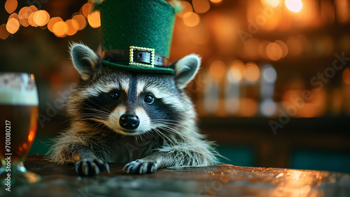 cute funny raccoon with a glass of beer in a pub on the holiday of St. Patrick's Day photo