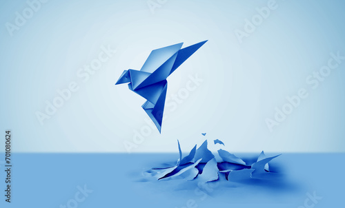 Business Success Inspiration and motivation concept as a birth or rebirth with a blue paper origami bird emerging as a symbol of creativity and metamorphosis and an icon of change and transformation.