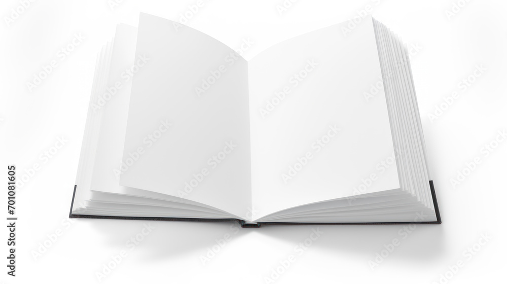 Open book with blank white pages lying on white surface