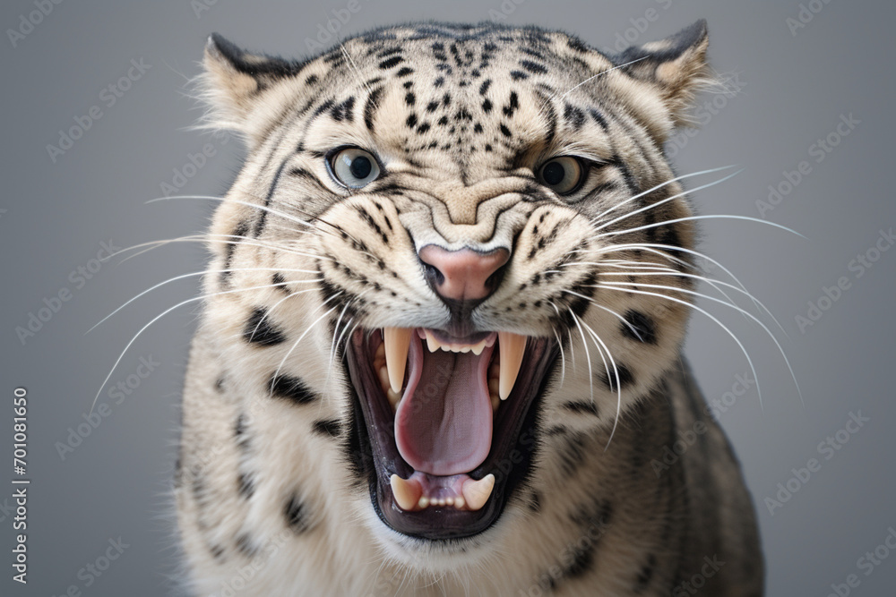 Naklejka premium Snow Leopard roaring close-up portrait on a gray background