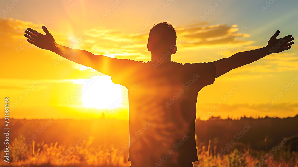 Christian praying to God and man shouting with arms raised to God, pain and trial and sorrow darkness and bright light and rays, hope and despair concept  - obrazy, fototapety, plakaty 