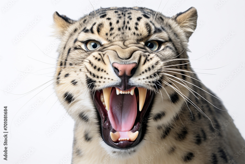 Snow Leopard roaring close-up portrait on a white background Snow Leopard roaring close-up portrait on a white background
