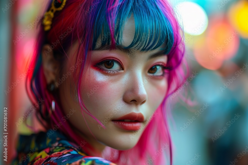 Enigmatic Woman with Vibrant Hair and City Lights.
A young woman with bright pink hair and expressive makeup in neon city light ambiance.
