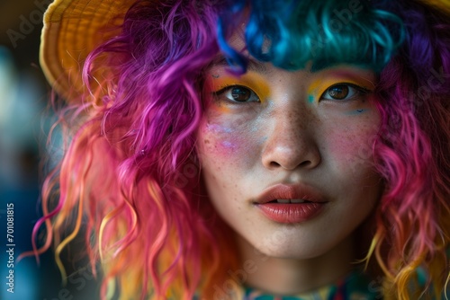 Serene Beauty with Pastel Rainbow Hair.
Close-up of a serene young woman with pastel rainbow hair and a thoughtful expression.