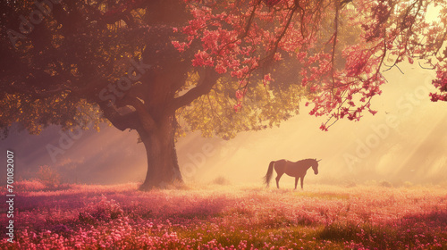 Unicorn in blossoming meadow