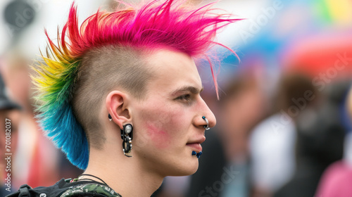 Young male punk with colorful mohawk hairstyle photo