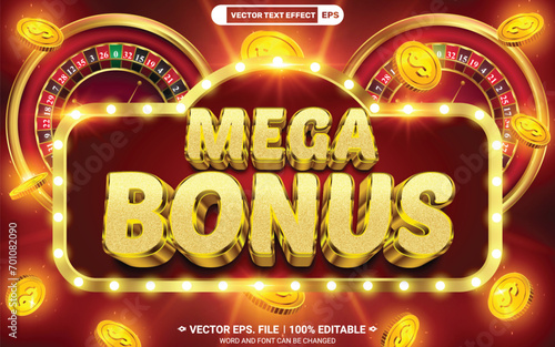 Mega bonus online casino 3d editable vector text style effect with casino wheel fortune and gold coins