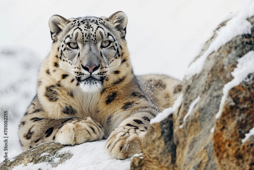 Obraz premium Snow leopard lying on a rocky, snow-covered mountain landscape, front portrait