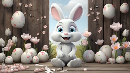 Fototapeta Adorable White Hare with Easter Eggs and Flowers in Whimsical Garden - 3D Rendering