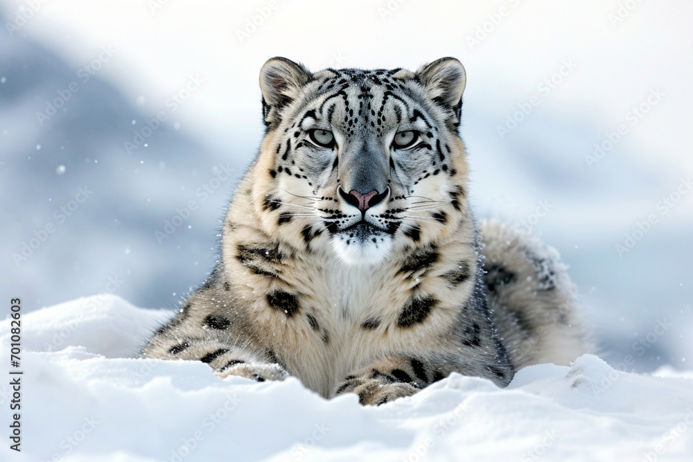 Snow leopard lying on a rocky, snow-covered mountain landscape, front portrait Snow leopard lying on a rocky, snow-covered mountain landscape, front portrait