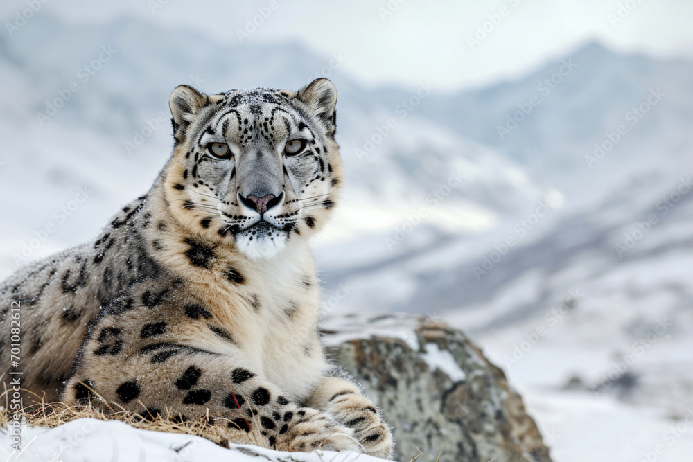 Snow leopard lying on a rocky, snow-covered mountain landscape, side portrait Snow leopard lying on a rocky, snow-covered mountain landscape, side portrait