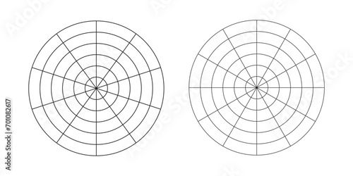 Wheel of life template set. Coaching tool for visualizing all areas of life. Vector circle diagram of life style balance. Polar grid with segments, concentric circles. Blank of polar graph paper.  photo