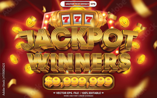 Jackpot winners vegas online casino editable 3d vector text effect with slot machine casino wheel and gold coins