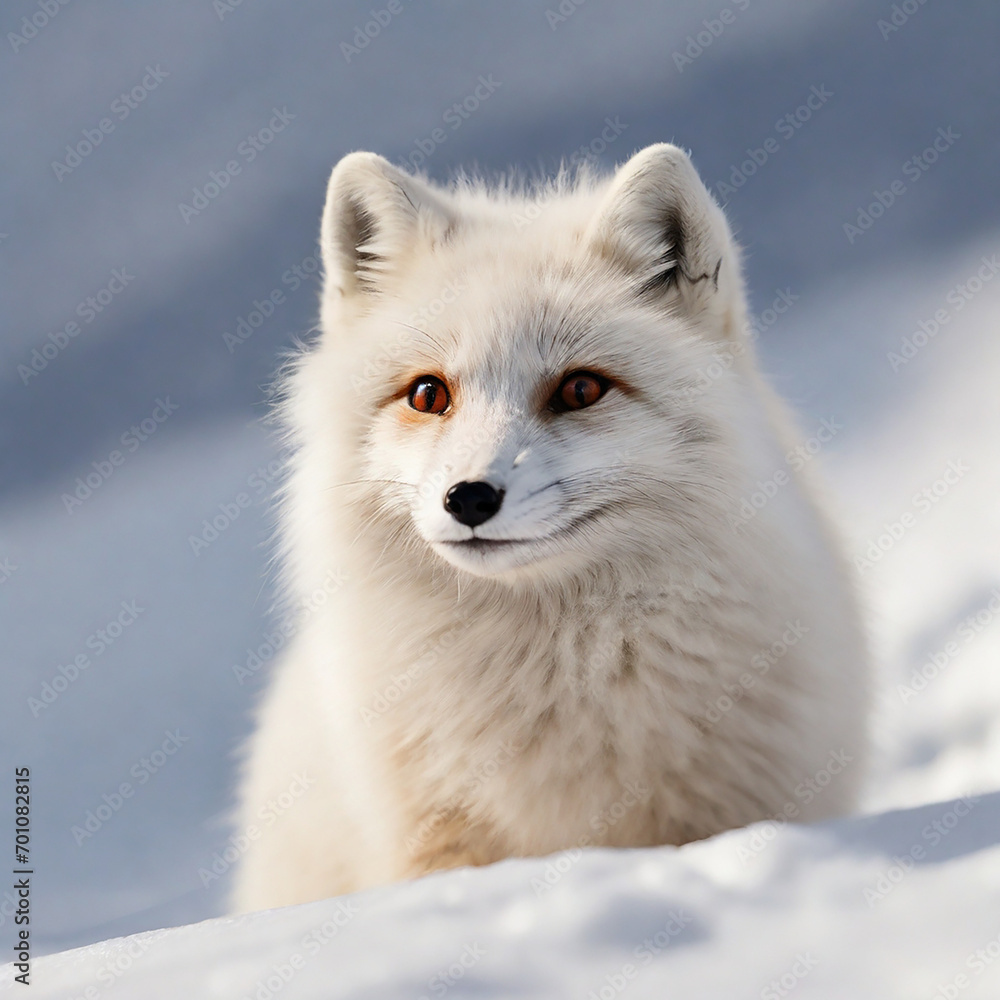 Beautiful white-coated Arctic fox with black paws standing on a landscape blanketed in snow ai generated