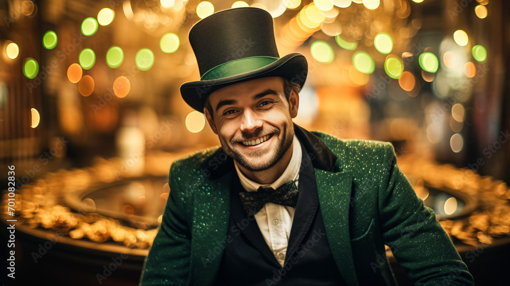 A young man with a beard in a green hat, top hat and St. Patrick's Day suit against the backdrop of sparkling garlands A young man with a beard in a green hat, top hat and St. Patrick's Day suit against the backdrop of sparkling garlands