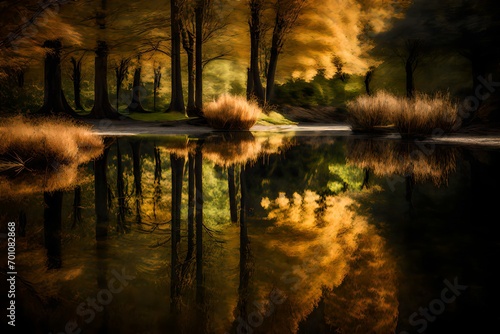 Ripples in a pond reflecting the surrounding trees.