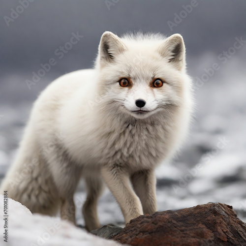 Beautiful white-coated Arctic fox with black paws standing on a landscape blanketed in snow ai generated