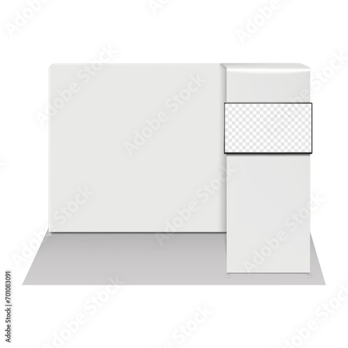 Portable exhibition tension fabric display with TV stand vector mock-up. Blank white tradeshow kit with video digital LCD monitor mockup. Template for design