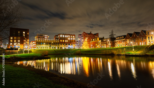 Scenic night view of illuminated buildings in the centre of the town of Waddinxveen  The Netherlands.
