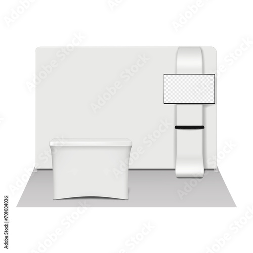 Trade show portable booth display kit vector mock-up. Expo set. Tradeshow tension fabric backdrop banner, TV stand with shelf, exhibition table counter mockup